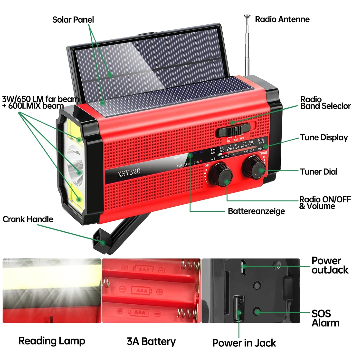 Terminal survival 5000mA con radio, batería solar portátil y linterna