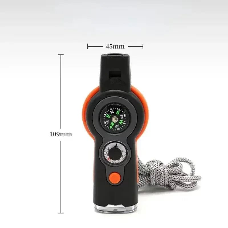 Silbato survival con linterna, brújula y lupa