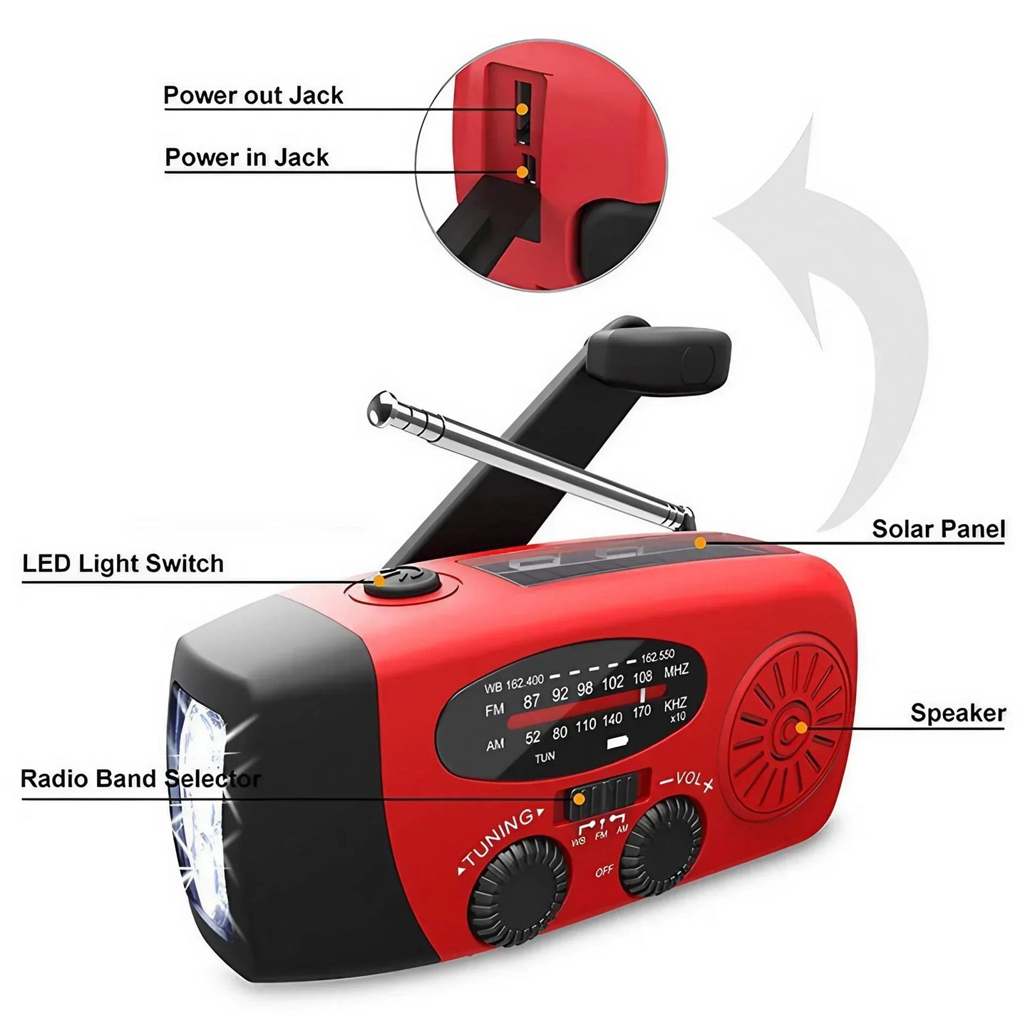 Terminal survival 2000mA con radio, batería solar portátil y linterna
