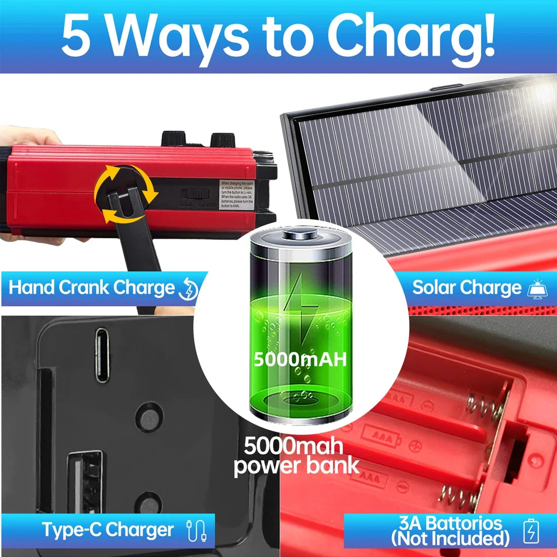 Terminal survival 5000mA con radio, batería solar portátil y linterna